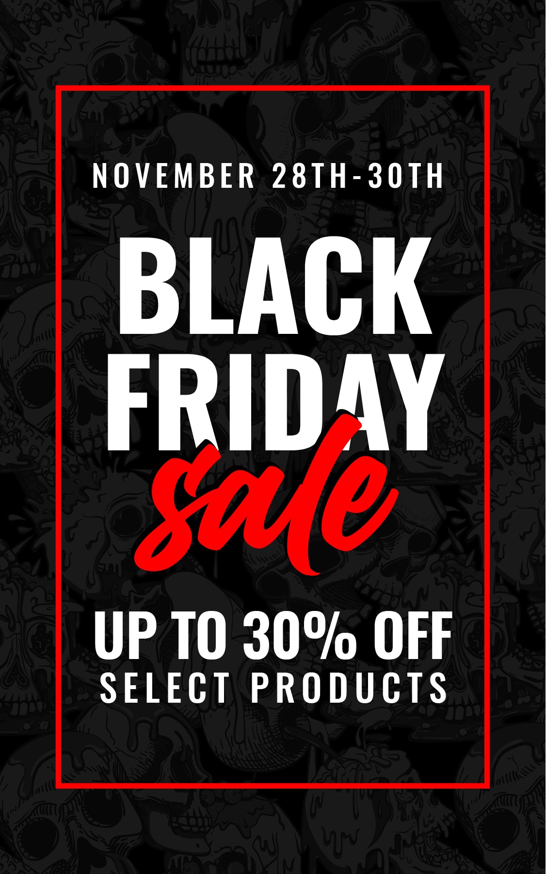 Black Friday sale advertisement with text and red border on a dark background