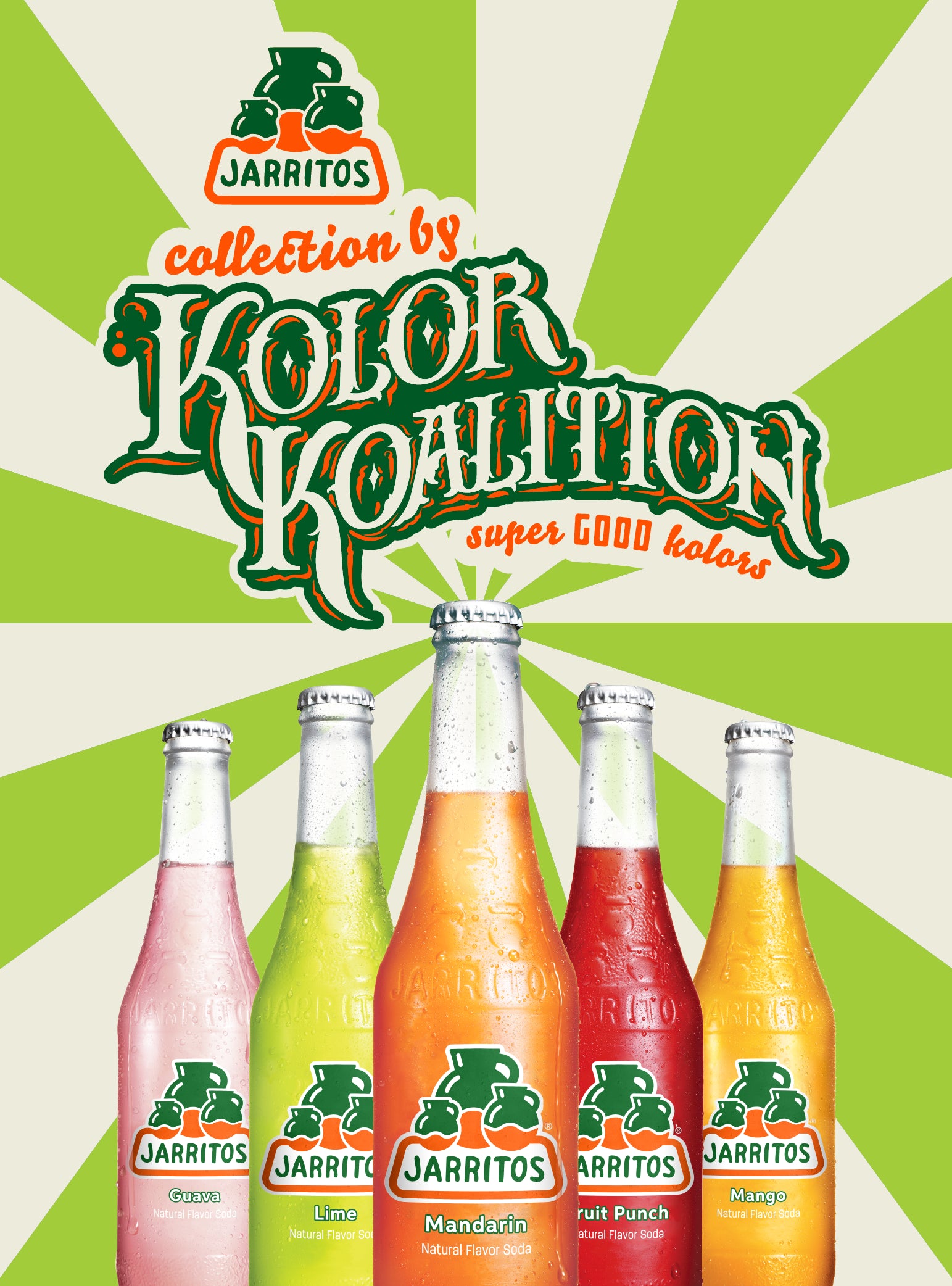 Jarritos soda bottles with colorful labels on a green and white striped background, featuring the Jarritos logo.