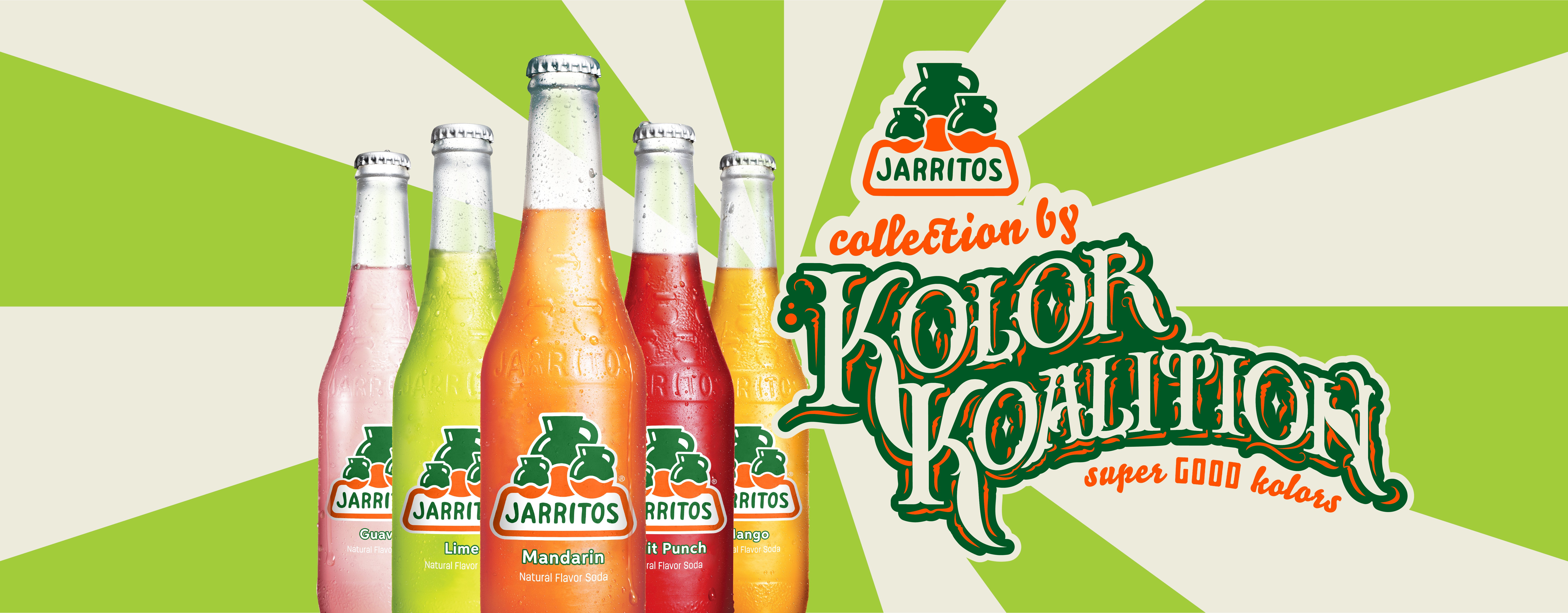 Jarritos soda bottles with colorful labels on a green and white striped background, featuring the Jarritos logo and 'Kolor Koalition' text.